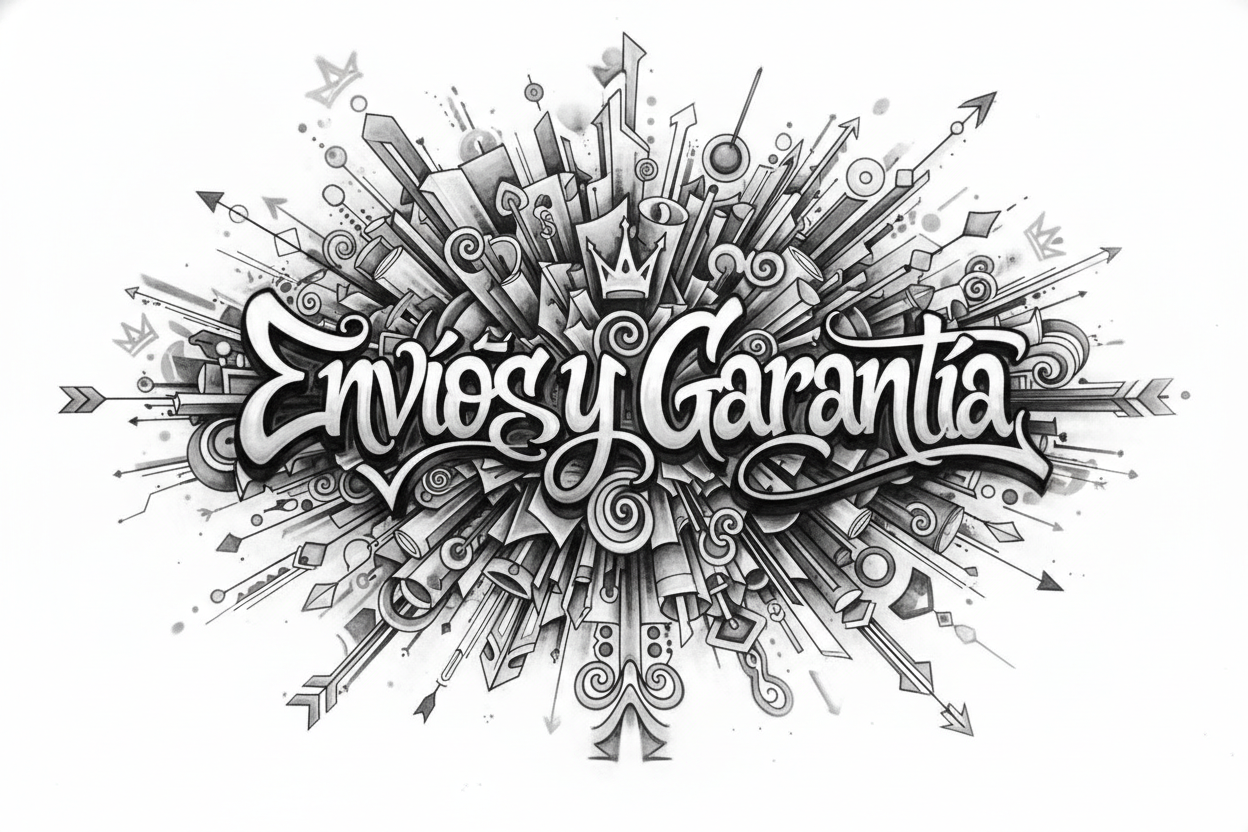 Crea una imagen elegante y profesional en blanco, negro y gris, con fondo blanco. Incluye un texto grande centrado con lo que se indique entre comillas, como ''Envíos y Garantía''. El texto debe tener estilo grafitero, rodeado de muchos grafitis, armoniosos y artísticos, manteniendo un estilo sofisticado y moderno. La composición debe ser equilibrada y destacar siempre el texto central.