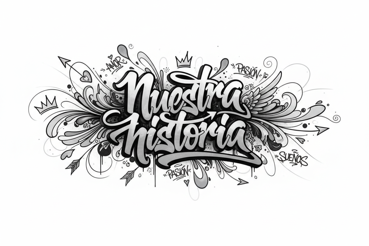 Crea una imagen elegante y profesional en blanco, negro y gris, con fondo blanco. Incluye un texto grande centrado con lo que se indique entre comillas, como ''Nuestra historia''. El texto debe tener estilo grafitero, rodeado de muchos grafitis, armoniosos y artísticos, manteniendo un estilo sofisticado y moderno. La composición debe ser equilibrada y destacar siempre el texto central.