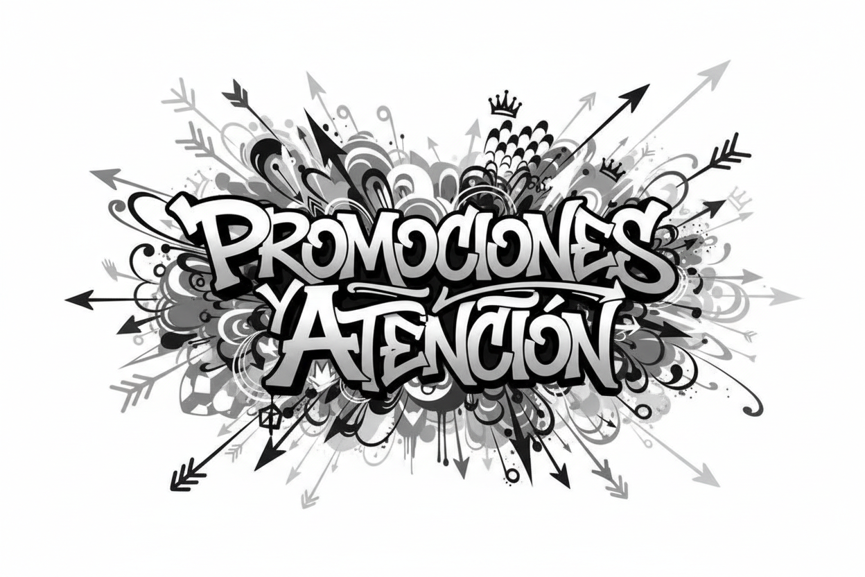 Crea una imagen elegante y profesional en blanco, negro y gris, con fondo blanco. Incluye un texto grande centrado con lo que se indique entre comillas, como ''Promociones y Atención''. El texto debe tener estilo grafitero, rodeado de muchos grafitis, armoniosos y artísticos, manteniendo un estilo sofisticado y moderno. La composición debe ser equilibrada y destacar siempre el texto central.